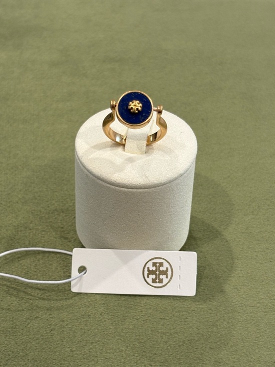 Tory Burch Jewelry - Tory Burch Gold Tone Ring with Blue Enamel Logo - Size 6.5